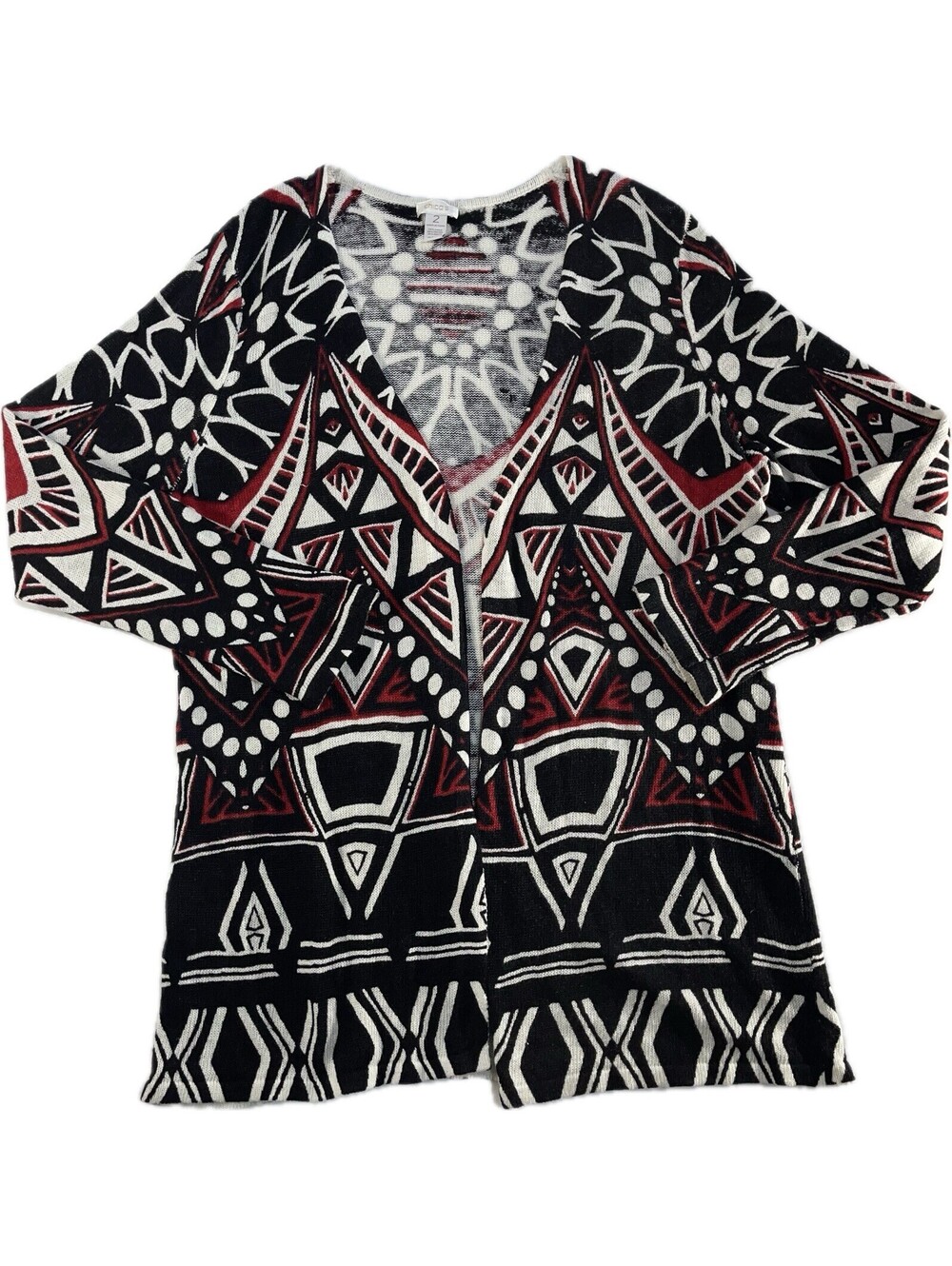 Chicos Cardigan Large Open Front Boho Aztec Linen Blend 3/4 Sleeve Red Black